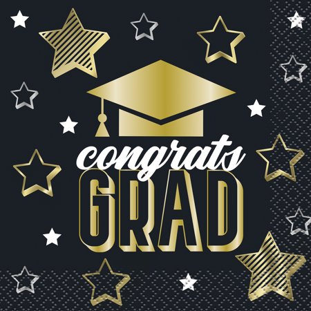 Party Supplies Black & Gold Graduation Paper Beverage Napkins, 5in, 20ct