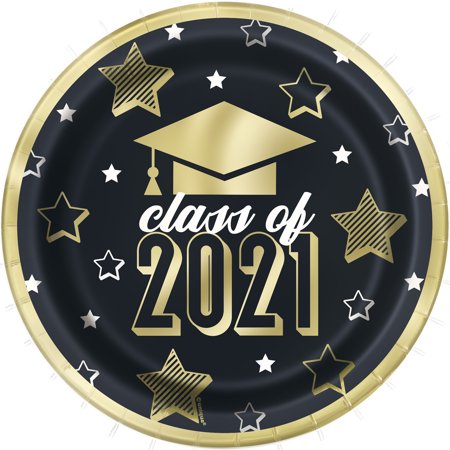 Party Supplies Black & Gold 2021 Graduation Paper Dessert Plates, 7in, 10ct