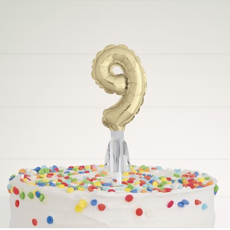 Party Supplies Number 9 Foil Balloon Cake Top-per with Tassel, Gold, 5in