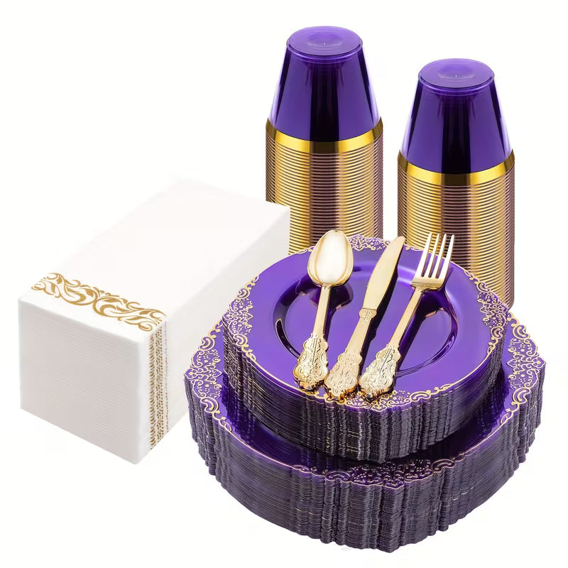 Dinnerware 25 Guests Fancy Decorative Purple with Gold Border Dining Set