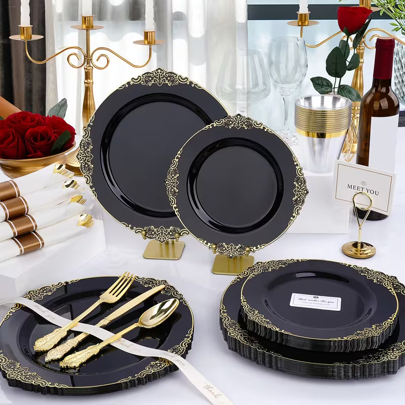 Dinnerware 25 Guests Fancy Decorative Black with Gold Border Dining Set