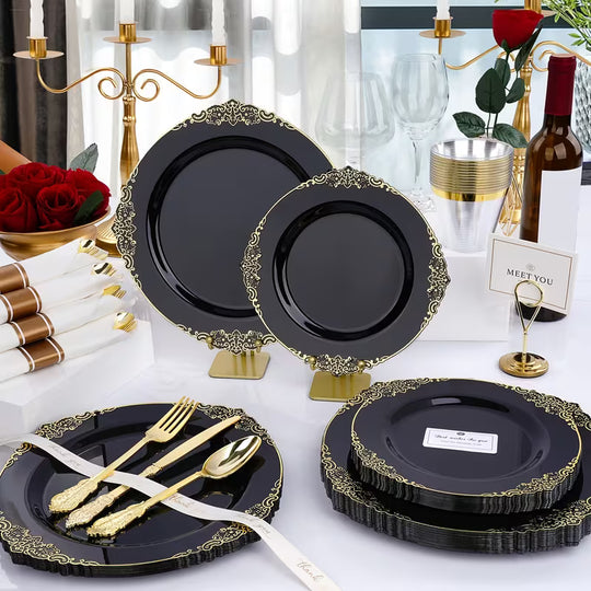 Dinnerware 25 Guests Fancy Decorative Black with Gold Border Dining Set