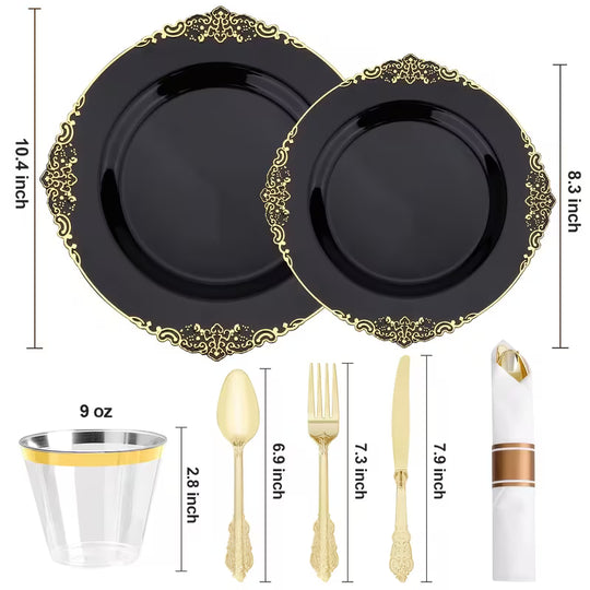 Dinnerware 25 Guests Fancy Decorative Black with Gold Border Dining Set