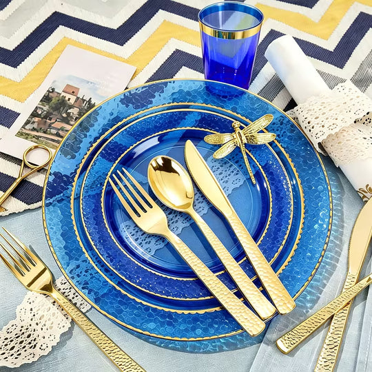 Dinnerware 25 Guests Fancy Decorative Turquoise with Gold Border Dining Set