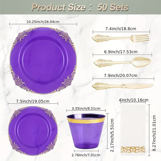 Dinnerware 25 Guests Fancy Decorative Purple with Gold Border Dining Set