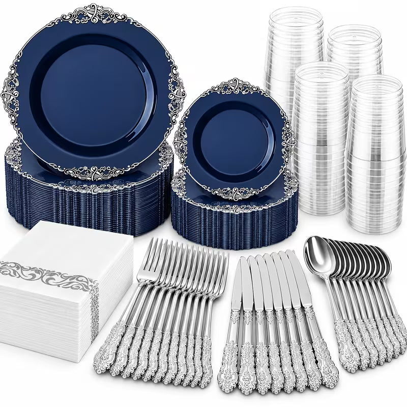Dinnerware 25 Guests Fancy Decorative Navy Blue with Silver Dining Set