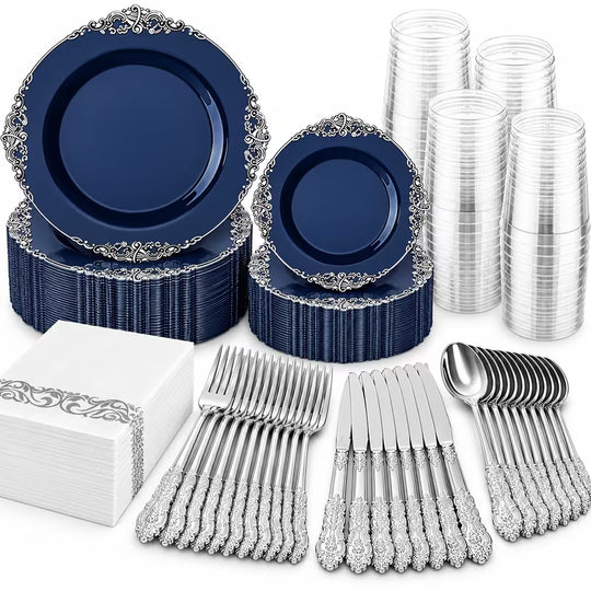 Dinnerware 25 Guests Fancy Decorative Navy Blue with Silver Dining Set