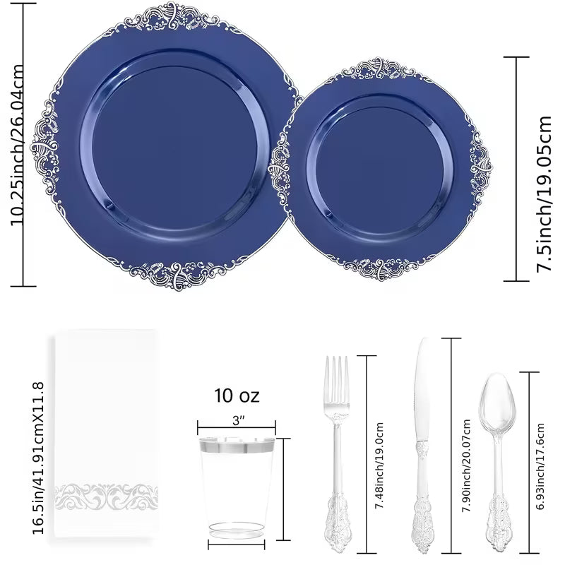 Dinnerware 25 Guests Fancy Decorative Navy Blue with Silver Dining Set