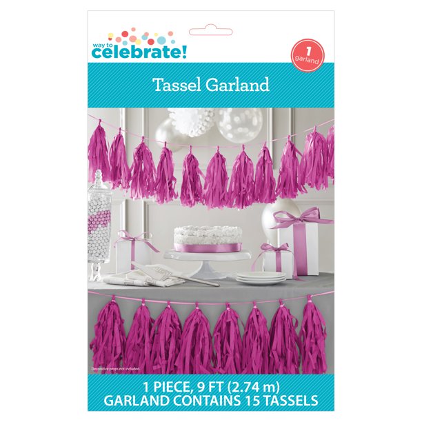 Party Supplies Tissue Paper Tassel Garland, 9 ft, Neon