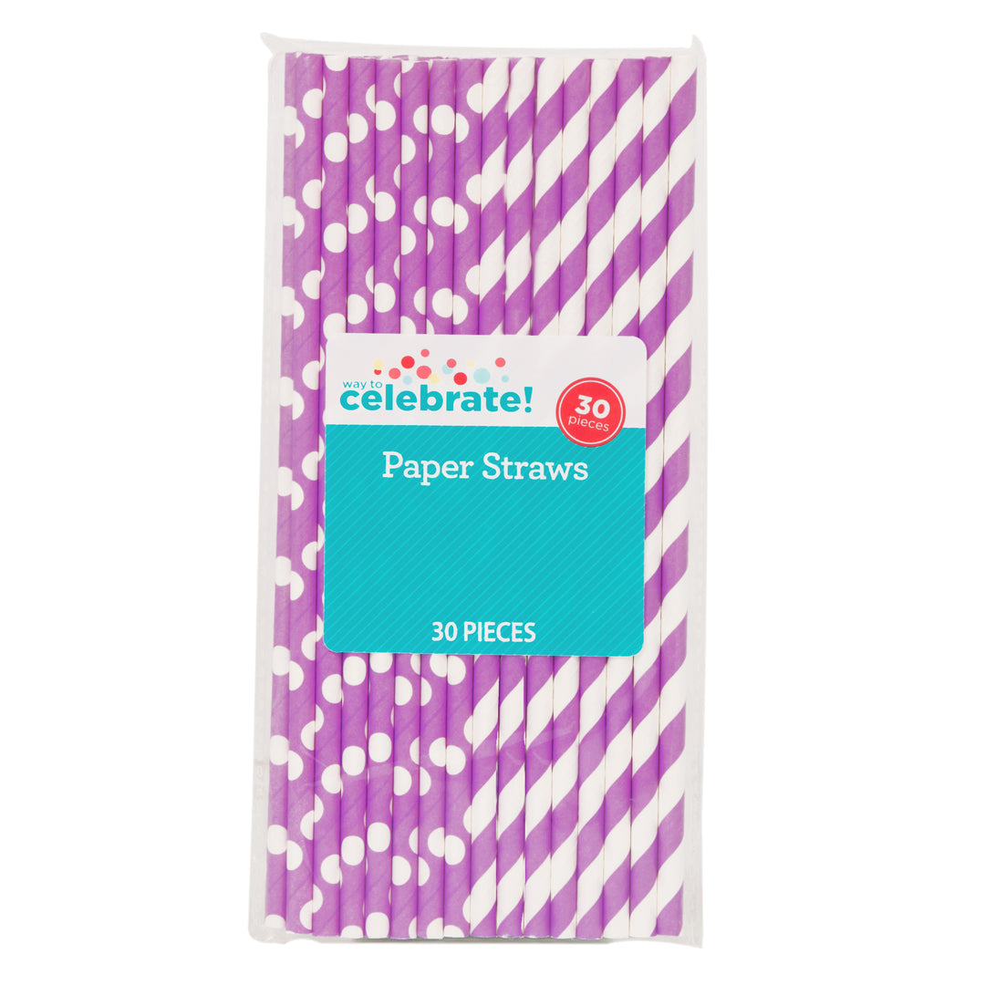 Party Supplies Polka Dot & Striped Paper Straws, 8.25 in, Neon Purple, 30ct