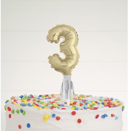 Party Supplies Number "3" Foil Balloon Cake Top-per with Tassel, Gold, 5in