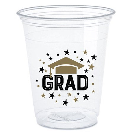 Party Supplies Black & Gold Graduation Plastic Cups, 16 Oz, Clear, 8ct