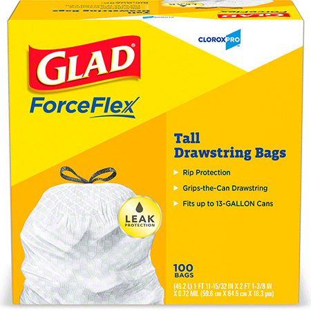 Janitorial Supplies LINERS CloroxPro™ Glad® ForceFlex 13 Gal. Tall Kitchen Drawstring Trash Bag - 100 ct. Box, White CLOROX-78526