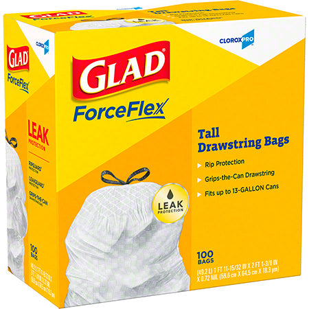 Janitorial Supplies LINERS CloroxPro™ Glad® ForceFlex 13 Gal. Tall Kitchen Drawstring Trash Bag - 100 ct. Box, White CLOROX-78526
