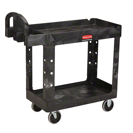 Janitorial Supplies CLEANING Rubbermaid® Heavy-Duty Ergo Handle Utility Cart w/Lipped Shelf - Medium, Black RUB-452088BK