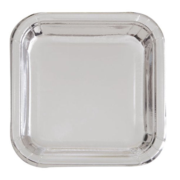 Party Supplies Square Paper Plates, 7 in, Silver Foil, 8ct