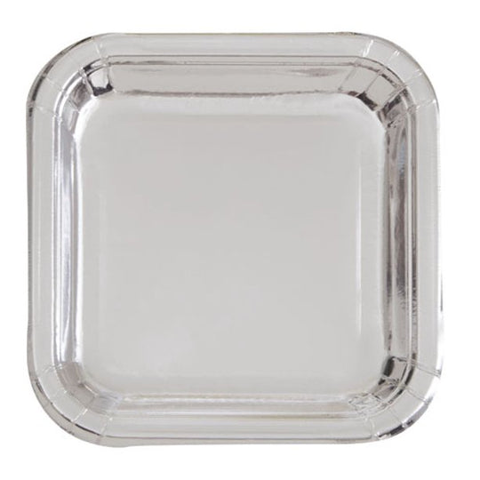 Party Supplies Square Paper Plates, 7 in, Silver Foil, 8ct