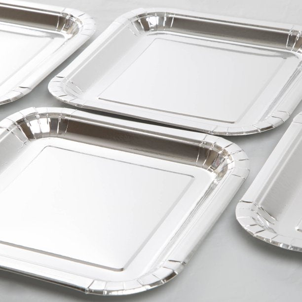 Party Supplies Square Paper Plates, 9 in, Silver Foil, 8ct