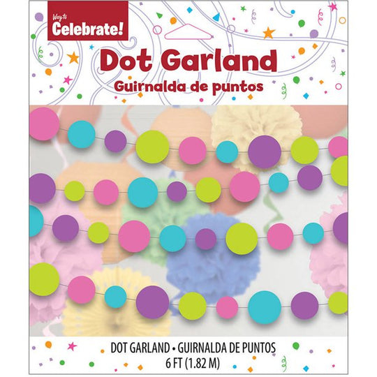 Party Supplies Blue, Green, Pink, and Purple Dot Paper Garland, 6ft