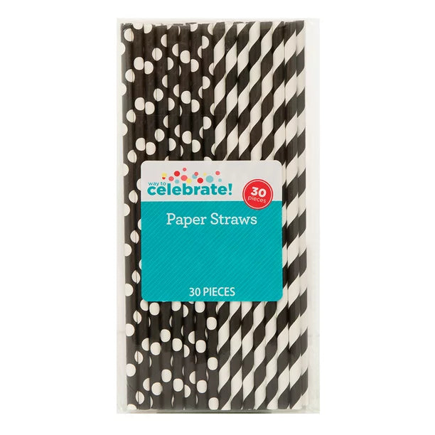 Party Supplies Black Polka Dot & Striped Paper Straws