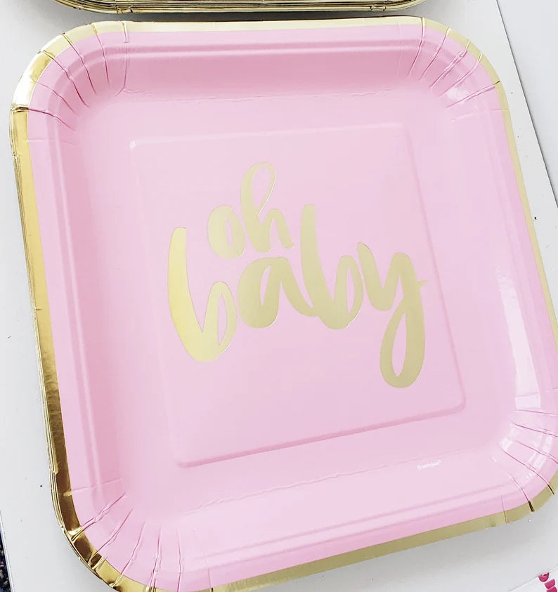 Party Supplies "Oh Baby" Shower Paper Plates, 9 in, Pink and Gold, 8ct