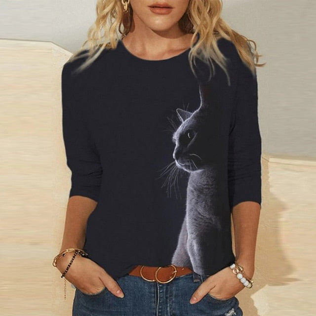 Casual Cat Print Long Sleeve Shirt