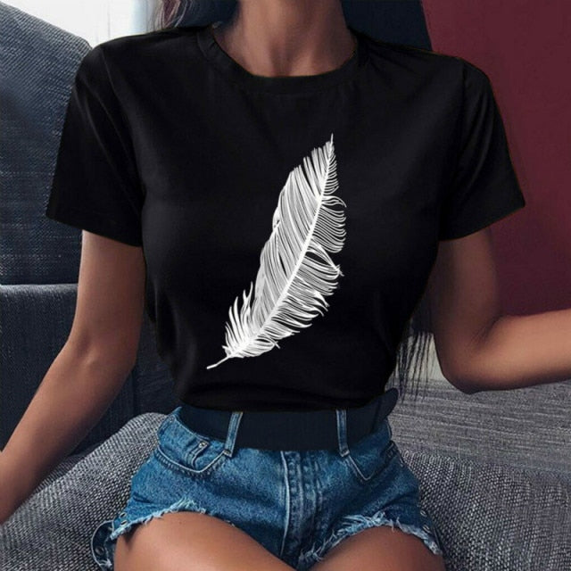 Feather Print Loose O-neck T-shirt